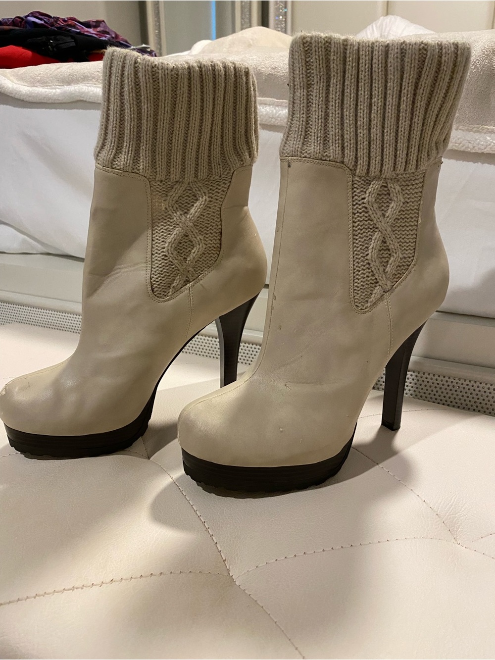 Jennifer Lopez Cream Knit Cuff Platform High-Heel Ankle Boots